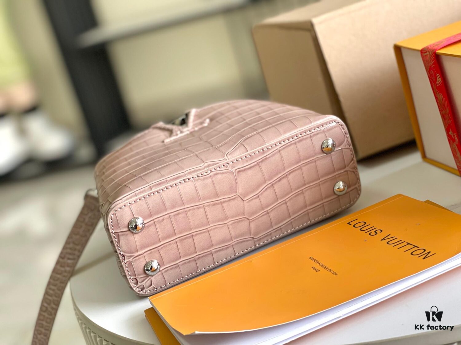 Capucines Mini Bag in Crocodile-Embossed Leather with Silver-Tone Hardware