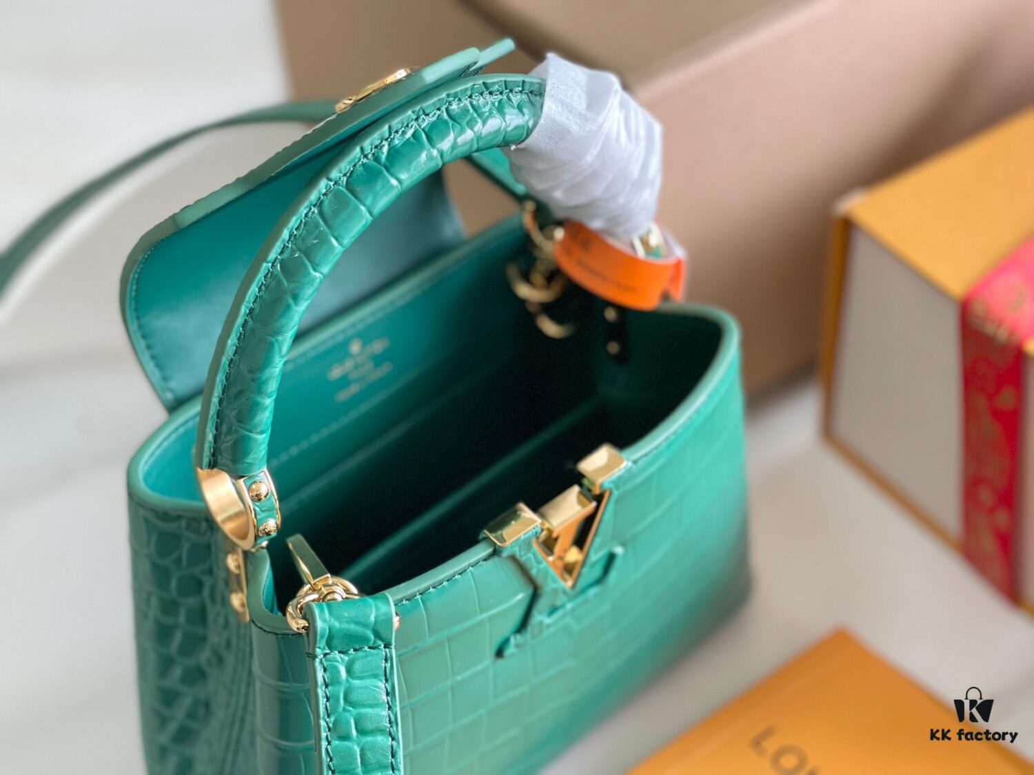 Capucines Mini Bag in Crocodile-Embossed Leather with Gold-Tone Hardware