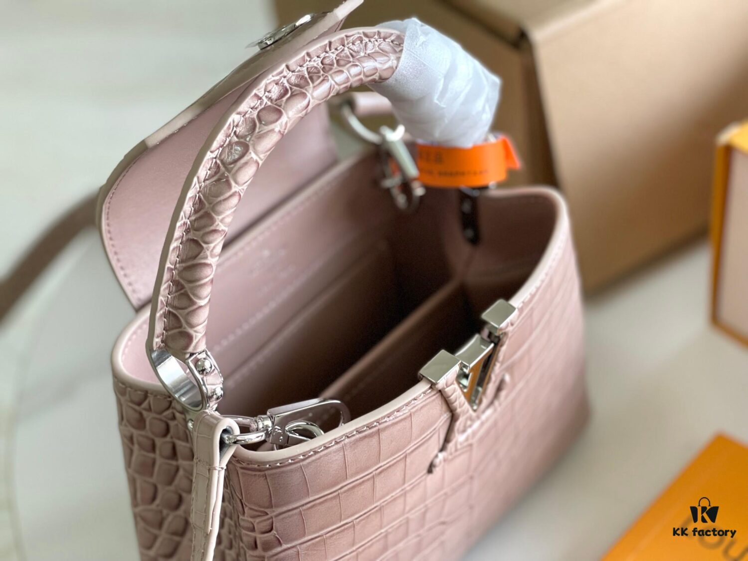 Capucines Mini Bag in Crocodile-Embossed Leather with Silver-Tone Hardware