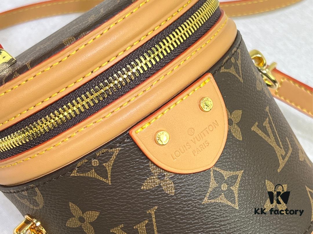 Upgraded Original Version [Exclusive Real Photo M82952 Monogram Yellow Flower] This Nano Cannes Handbag features a cylindrical silhouette crafted from Monogram canvas, echoing the design of a makeup pouch.