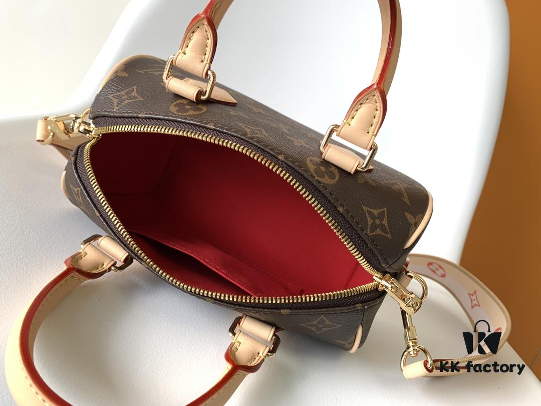 M46594 Pink M46222 Apricot M46234 Black [M45957 Black M45948 Red, Non-Adjustable Strap] - This Speedy Bandoulière 20 Handbag is crafted from Monogram canvas with cowhide leather trim and textile lining, continuing the iconic Louis Vuitton Speedy travel bag design in a compact size, featuring rolled leather handles and a detachable, adjustable fabric shoulder strap adorned with signature woven branding details