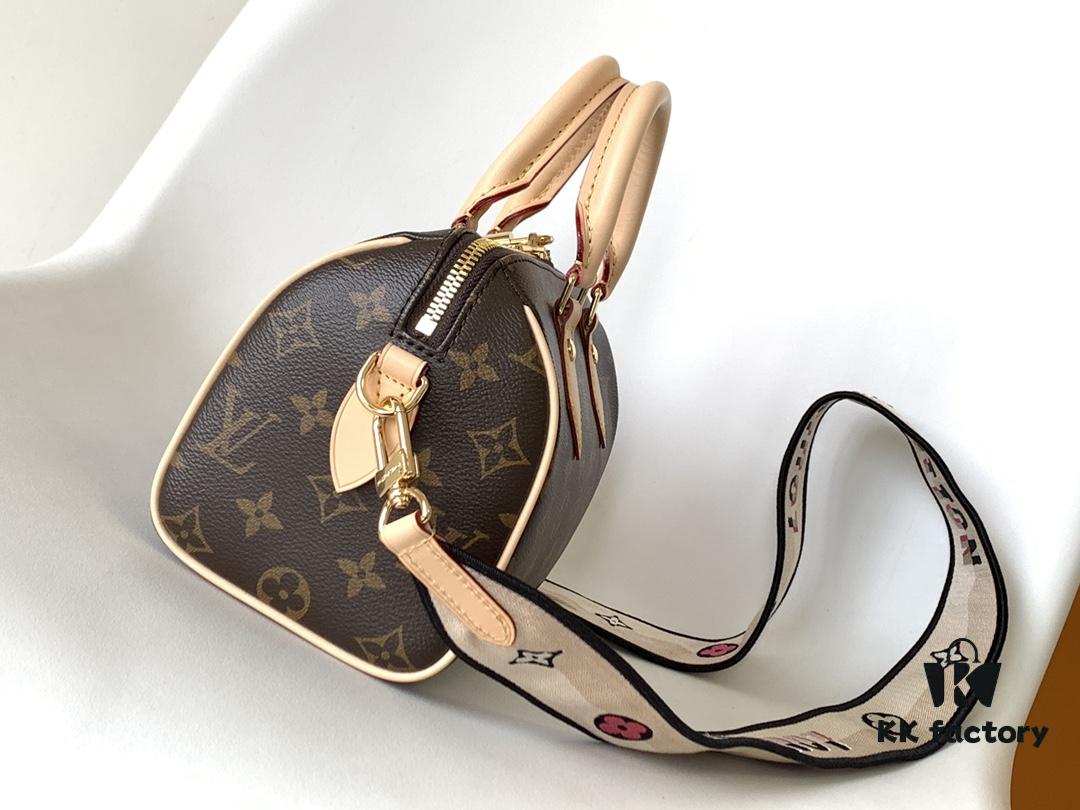 M46222 Beige M46234 Black [M45957 Black Adjustable Strap Not Available] ~ This Speedy Bandoulière 20 Handbag is crafted from Monogram canvas with cowhide leather trim and textile lining, continuing the iconic Louis Vuitton Speedy travel bag design in a compact size, featuring rolled leather handles and a detachable, adjustable fabric shoulder strap accented with signature woven branding details