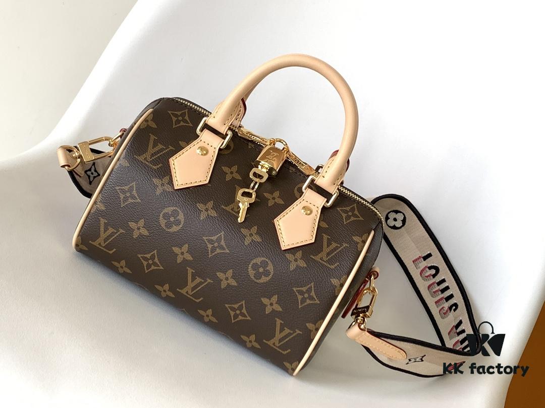 M46222 Beige M46234 Black [M45957 Black Adjustable Strap Not Available] ~ This Speedy Bandoulière 20 Handbag is crafted from Monogram canvas with cowhide leather trim and textile lining, continuing the iconic Louis Vuitton Speedy travel bag design in a compact size, featuring rolled leather handles and a detachable, adjustable fabric shoulder strap accented with signature woven branding details