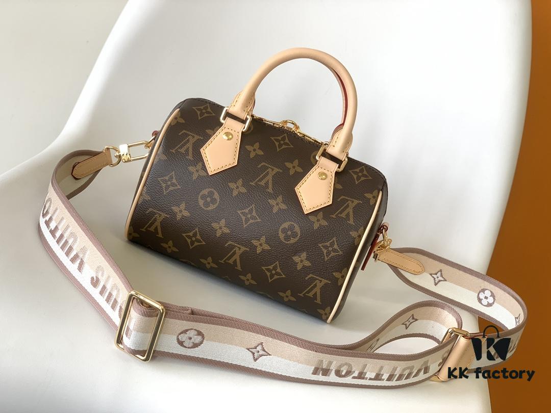 M46222 Beige M46234 Black [M45957 Black Adjustable Strap Not Available] ~ This Speedy Bandoulière 20 Handbag features Monogram canvas, cowhide leather trim, and textile lining, continuing the classic Louis Vuitton Speedy travel bag design in a compact size, complete with rolled leather handles and a detachable, adjustable fabric shoulder strap accented with signature woven branding