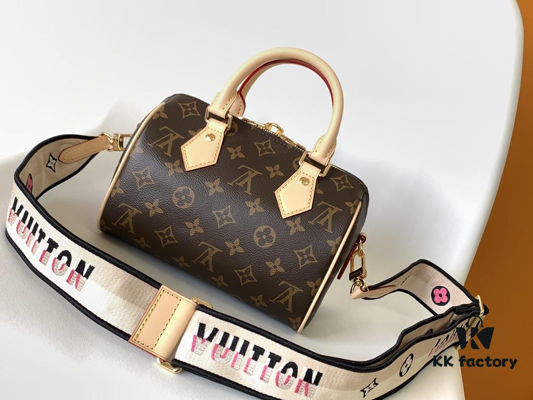 M46222 Beige M46234 Black [M45957 Black Adjustable Strap Not Available] ~ This Speedy Bandoulière 20 Handbag features Monogram canvas, cowhide leather trim, and textile lining, continuing the classic Louis Vuitton Speedy travel bag design in a compact size, complemented by rolled leather handles and a detachable, adjustable fabric shoulder strap adorned with brand logo weave