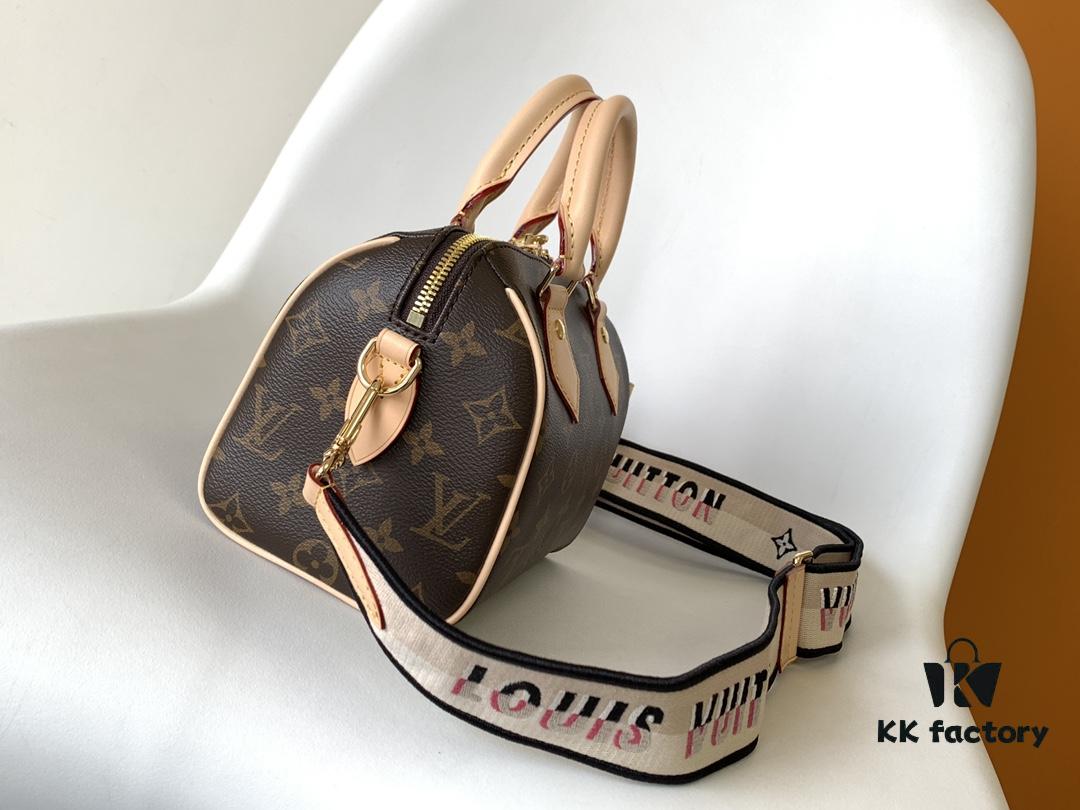 M46222 Beige M46234 Black [M45957 Black Adjustable Strap Not Available] ~ This Speedy Bandoulière 20 Handbag features Monogram canvas, cowhide leather trim, and textile lining, continuing the classic Louis Vuitton Speedy travel bag design in a compact size, complemented by rolled leather handles and a detachable, adjustable fabric shoulder strap adorned with brand logo weave