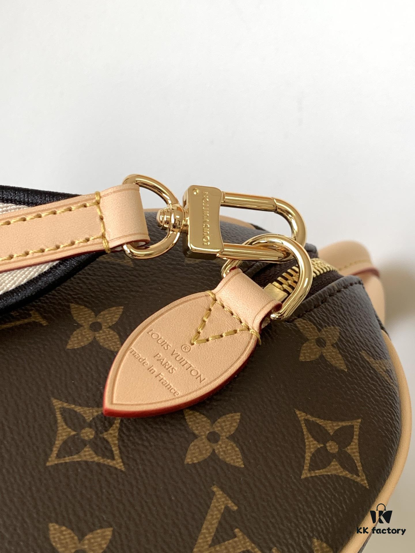 M46222 Beige M46234 Black [M45957 Black Adjustable Strap Not Available] ~ This Speedy Bandoulière 20 Handbag features Monogram canvas, cowhide leather trim, and textile lining, continuing the classic Louis Vuitton Speedy travel bag design in a compact size, complemented by rolled leather handles and a detachable, adjustable fabric shoulder strap adorned with brand logo weave