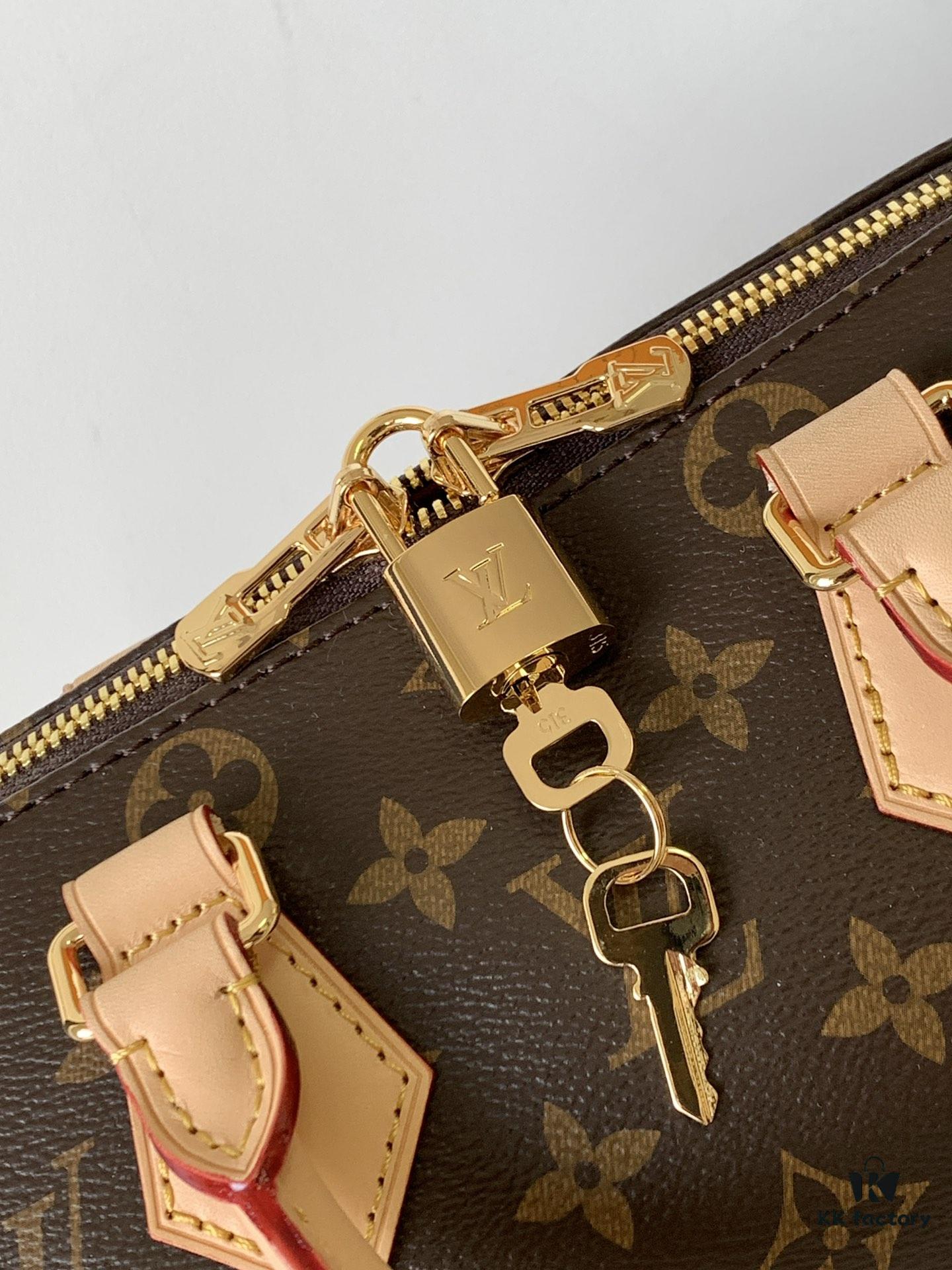 M46222 Beige M46234 Black [M45957 Black Adjustable Strap Not Available] ~ This Speedy Bandoulière 20 Handbag features Monogram canvas, cowhide leather trim, and textile lining, continuing the classic Louis Vuitton Speedy travel bag design in a compact size, complemented by rolled leather handles and a detachable, adjustable fabric shoulder strap adorned with brand logo weave