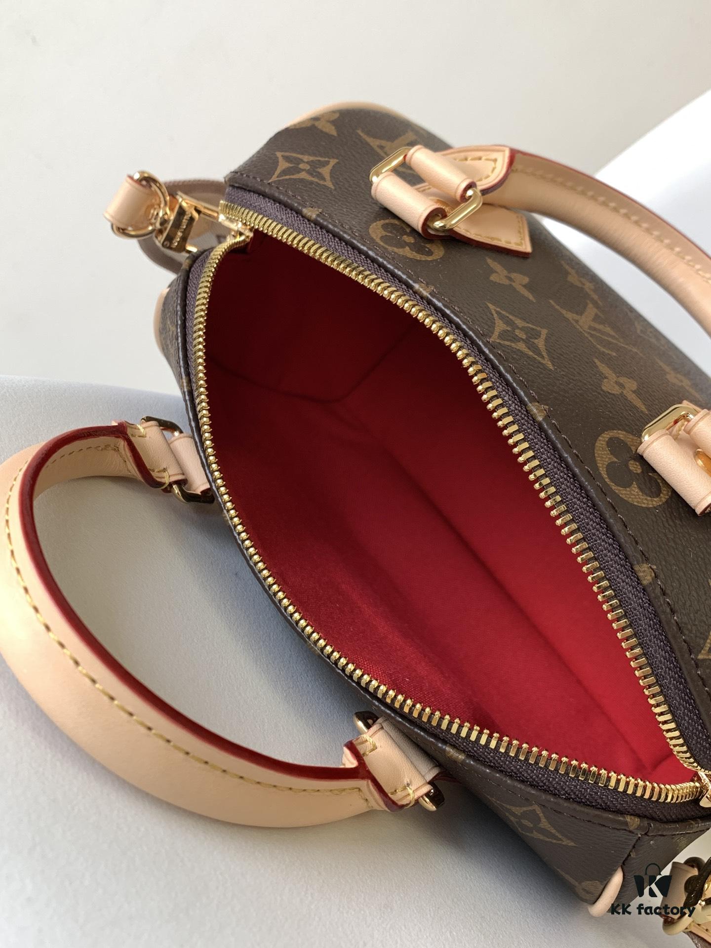 M46222 Beige M46234 Black [M45957 Black Adjustable Strap Not Available] ~ This Speedy Bandoulière 20 Handbag features Monogram canvas, cowhide leather trim, and textile lining, continuing the classic Louis Vuitton Speedy travel bag design in a compact size, complete with rolled leather handles and a detachable, adjustable fabric shoulder strap accented with signature woven branding