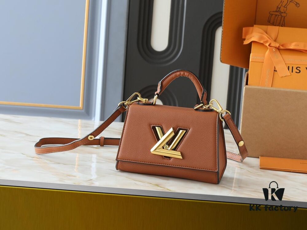 Upgraded Original M21590 M59090 Twist One Handle BB Handbag crafted from deeply dyed Taurillon leather, featuring a top single handle and the iconic LV Twist turn-lock flap closure. The contrasting color leather lining adds a fashionable touch, suitable for crossbody, shoulder, or handheld wear.