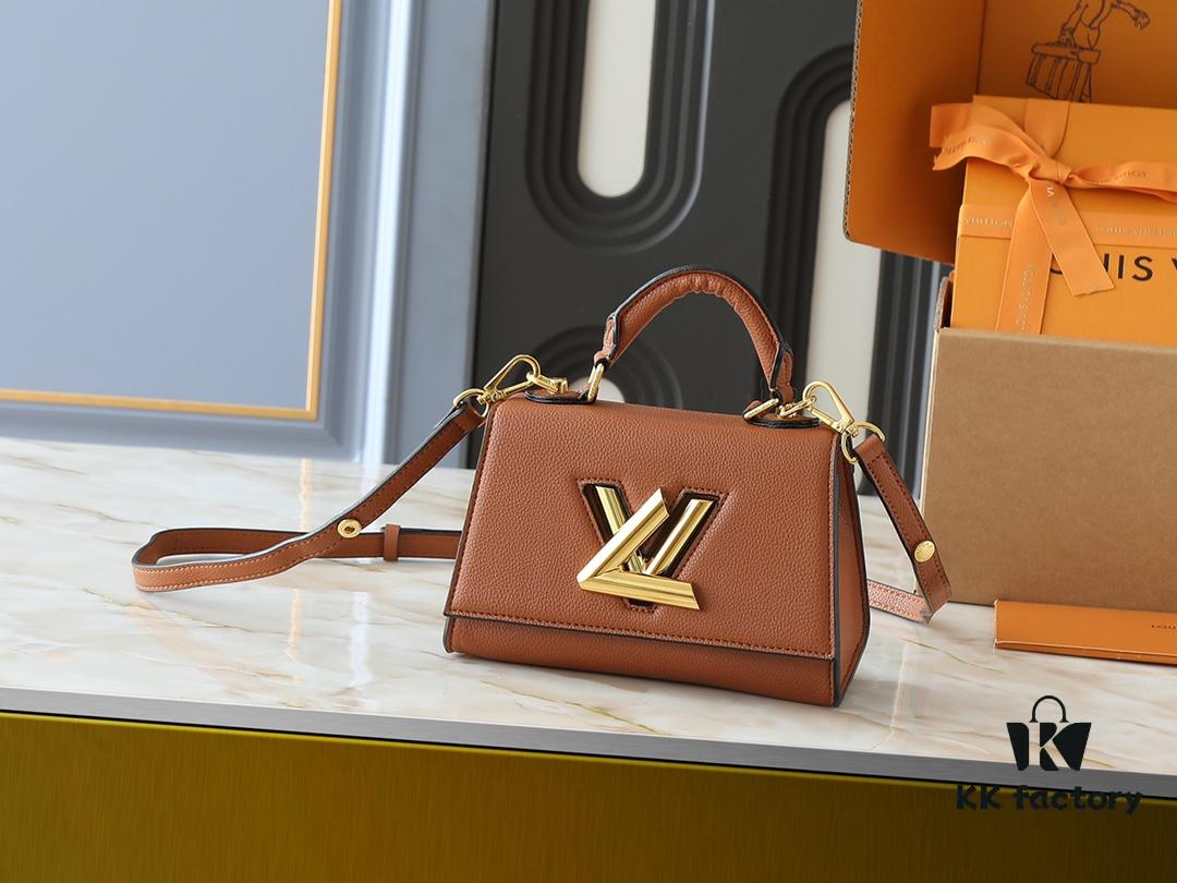 Upgraded Original M21590 M59090 Twist One Handle BB Handbag crafted from deeply dyed Taurillon leather, featuring a top single handle and the iconic LV Twist turn-lock flap closure. The contrasting color leather lining adds a fashionable touch, suitable for crossbody, shoulder, or handheld wear.
