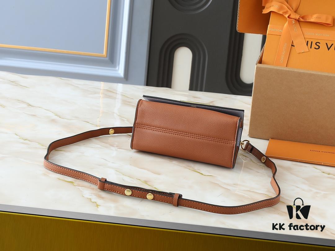 Upgraded Original M21590 M59090 Twist One Handle BB Handbag crafted from deeply dyed Taurillon leather, featuring a top single handle and the iconic LV Twist turn-lock flap closure. The contrasting color leather lining adds a fashionable touch, suitable for crossbody, shoulder, or handheld wear.