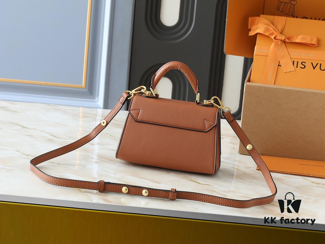 Upgraded Original M21590 M59090 Twist One Handle BB Handbag crafted from deeply dyed Taurillon leather, featuring a top single handle and the iconic LV Twist turn-lock flap closure. The contrasting color leather lining adds a fashionable touch, suitable for crossbody, shoulder, or handheld wear.
