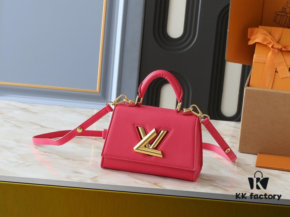 Upgraded Original M21590 M59090 Twist One Handle BB Handbag crafted from deeply dyed Taurillon leather, featuring a top single handle and the iconic LV Twist turn-lock flap closure. The contrast-color leather lining adds a fashionable touch, suitable for crossbody, shoulder, or handheld wear.