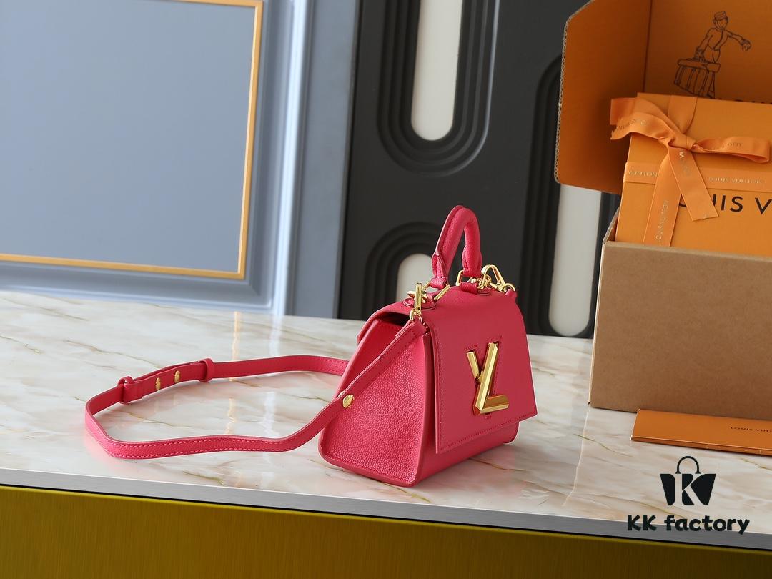 Upgraded Original M21590 M59090 Twist One Handle BB Handbag crafted from deeply dyed Taurillon leather, featuring a top single handle and the iconic LV Twist turn-lock flap closure. The contrast-color leather lining adds a fashionable touch, suitable for crossbody, shoulder, or handheld wear.