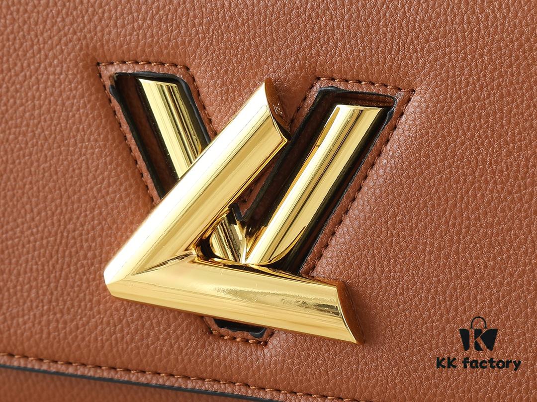 Upgraded Original M21590 M59090 Twist One Handle BB Handbag crafted from deeply dyed Taurillon leather, featuring a top single handle and the iconic LV Twist turn-lock flap closure. The contrasting color leather lining adds a fashionable touch, suitable for crossbody, shoulder, or handheld wear.