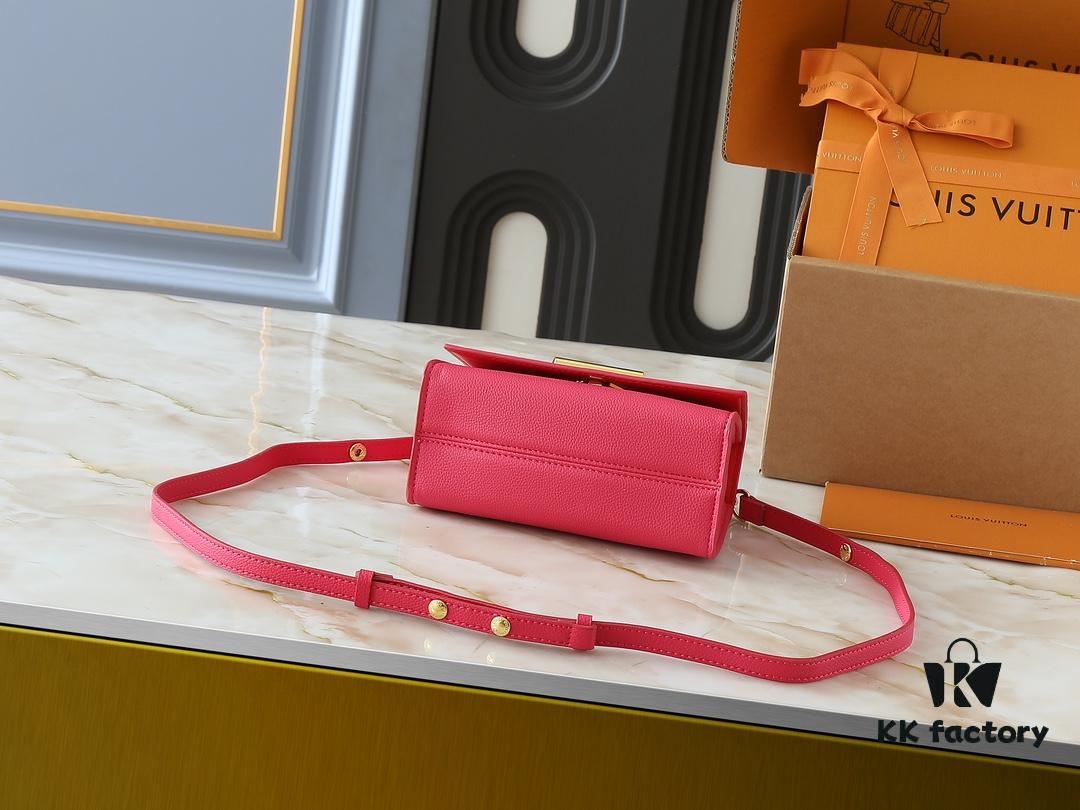 Upgraded Original M21590 M59090 Twist One Handle BB Handbag crafted from deeply dyed Taurillon leather, featuring a top single handle and the iconic LV Twist turn-lock flap closure. The contrast-color leather lining adds a fashionable touch, suitable for crossbody, shoulder, or handheld wear.