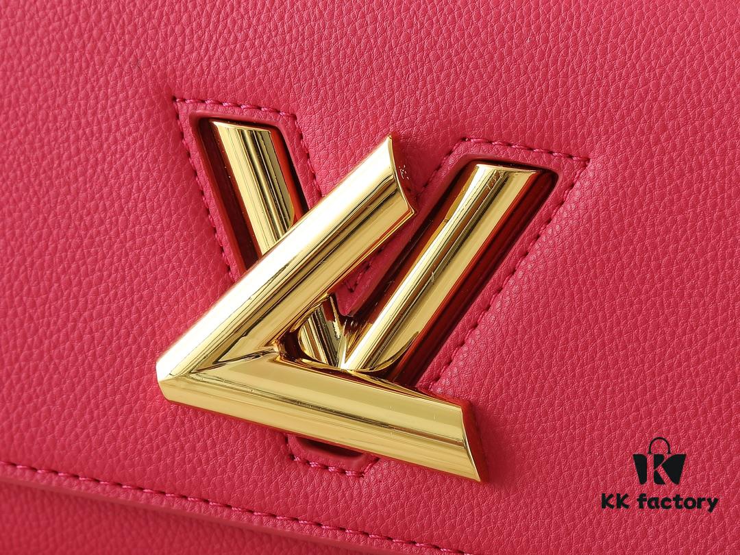 Upgraded Original M21590 M59090 Twist One Handle BB Handbag crafted from deeply dyed Taurillon leather, featuring a top single handle and the iconic LV Twist turn-lock flap closure. The contrast-color leather lining adds a fashionable touch, suitable for crossbody, shoulder, or handheld wear.