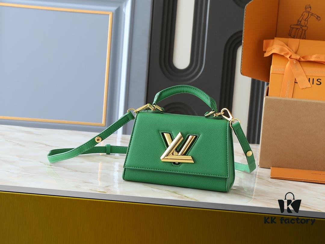 Upgraded Original M21590 M59090 Twist One Handle BB Handbag crafted from deeply dyed Taurillon leather, featuring a top single handle and the iconic LV Twist turn-lock flap closure. The contrast-color leather lining adds a trendy touch, ideal for crossbody, shoulder, or handheld wear.