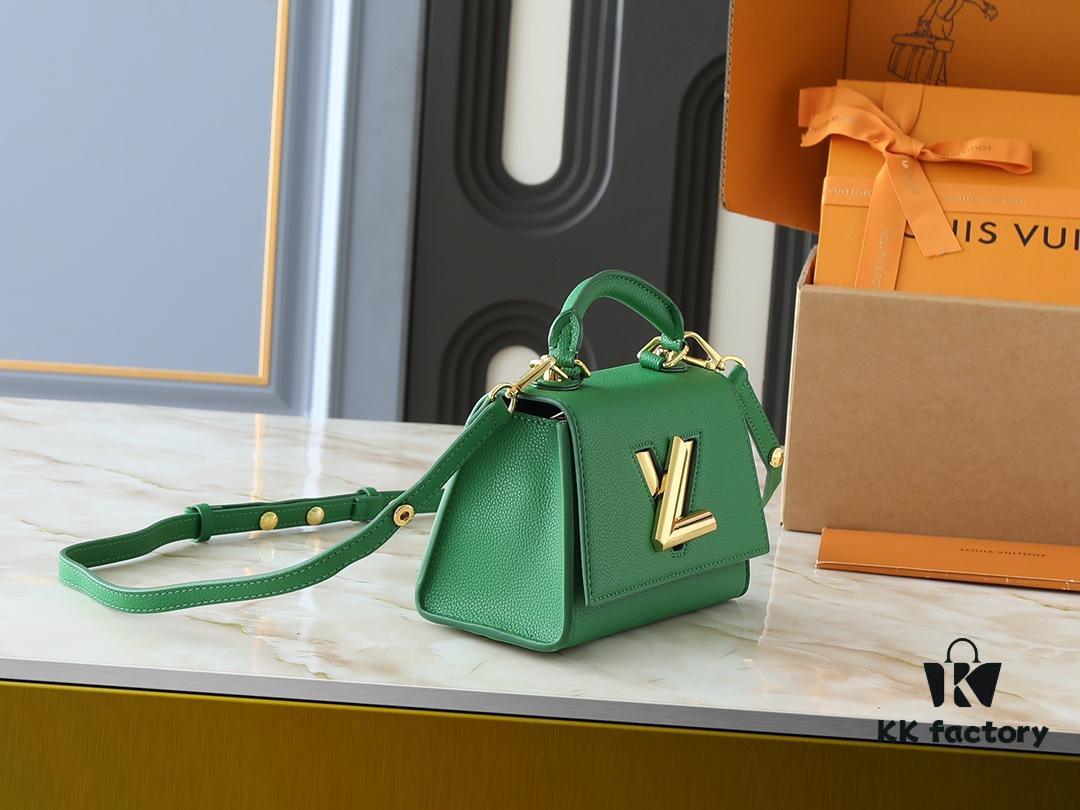 Upgraded Original M21590 M59090 Twist One Handle BB Handbag crafted from deeply dyed Taurillon leather, featuring a top single handle and the iconic LV Twist turn-lock flap closure. The contrast-color leather lining adds a trendy touch, ideal for crossbody, shoulder, or handheld wear.