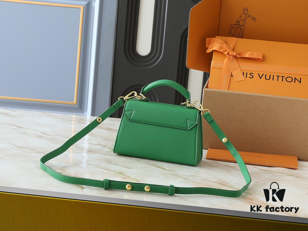 Upgraded Original M21590 M59090 Twist One Handle BB Handbag crafted from deeply dyed Taurillon leather, featuring a top single handle and the iconic LV Twist turn-lock flap closure. The contrast-color leather lining adds a trendy touch, ideal for crossbody, shoulder, or handheld wear.