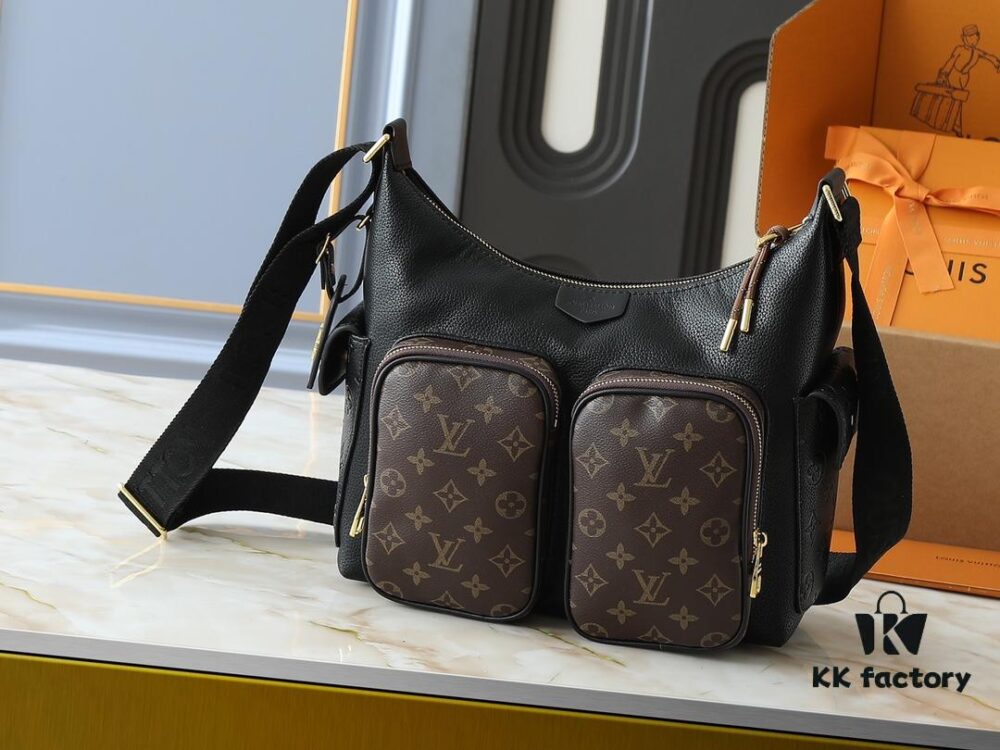 Upgraded Original M12697 Full Leather Khaki Monogram Bag with Fabric Pattern, Classic Canvas with Wide Adjustable Strap