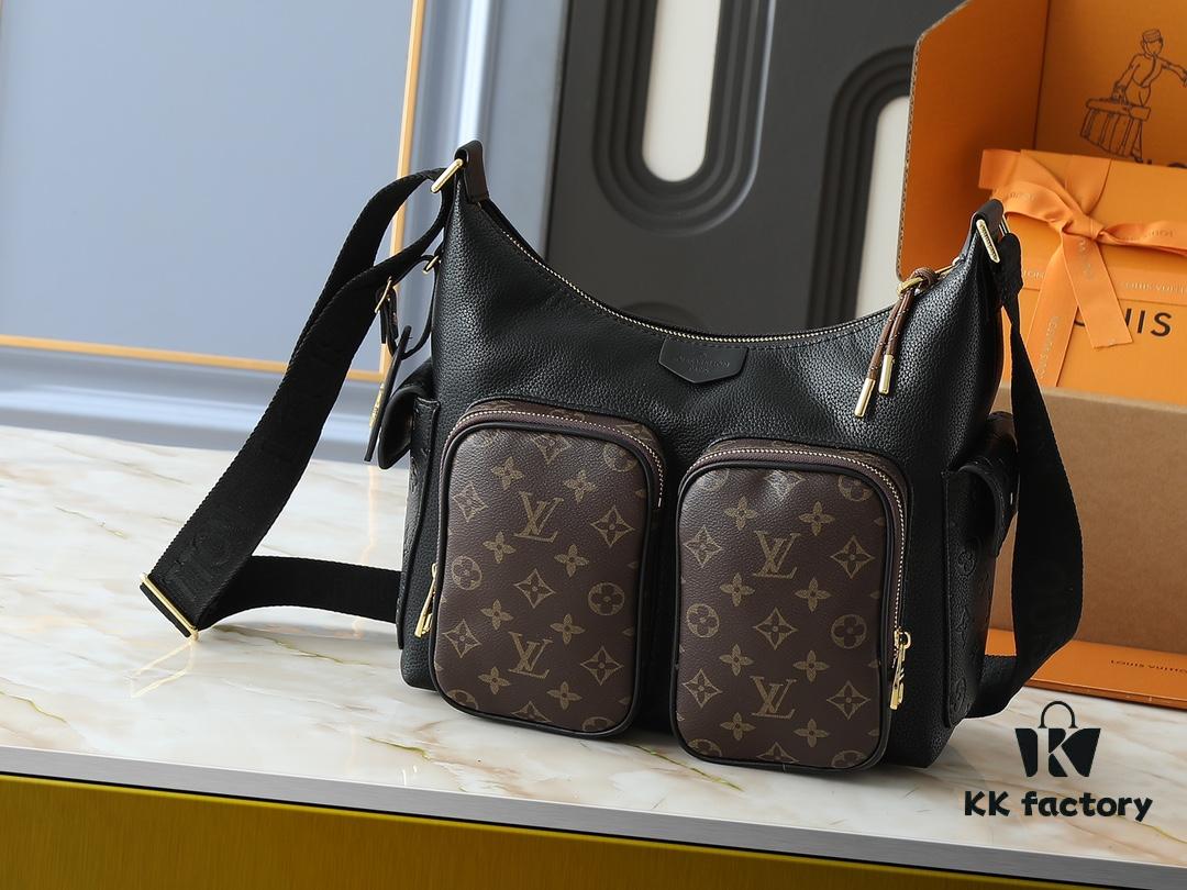 Upgraded Original M12697 Full Leather Khaki Monogram Bag with Fabric Pattern, Classic Canvas with Wide Adjustable Strap