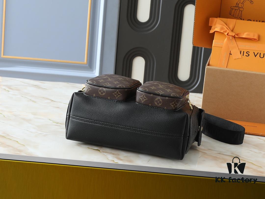 Upgraded Original M12697 Full Leather Khaki Monogram Bag with Fabric Pattern, Classic Canvas with Wide Adjustable Strap