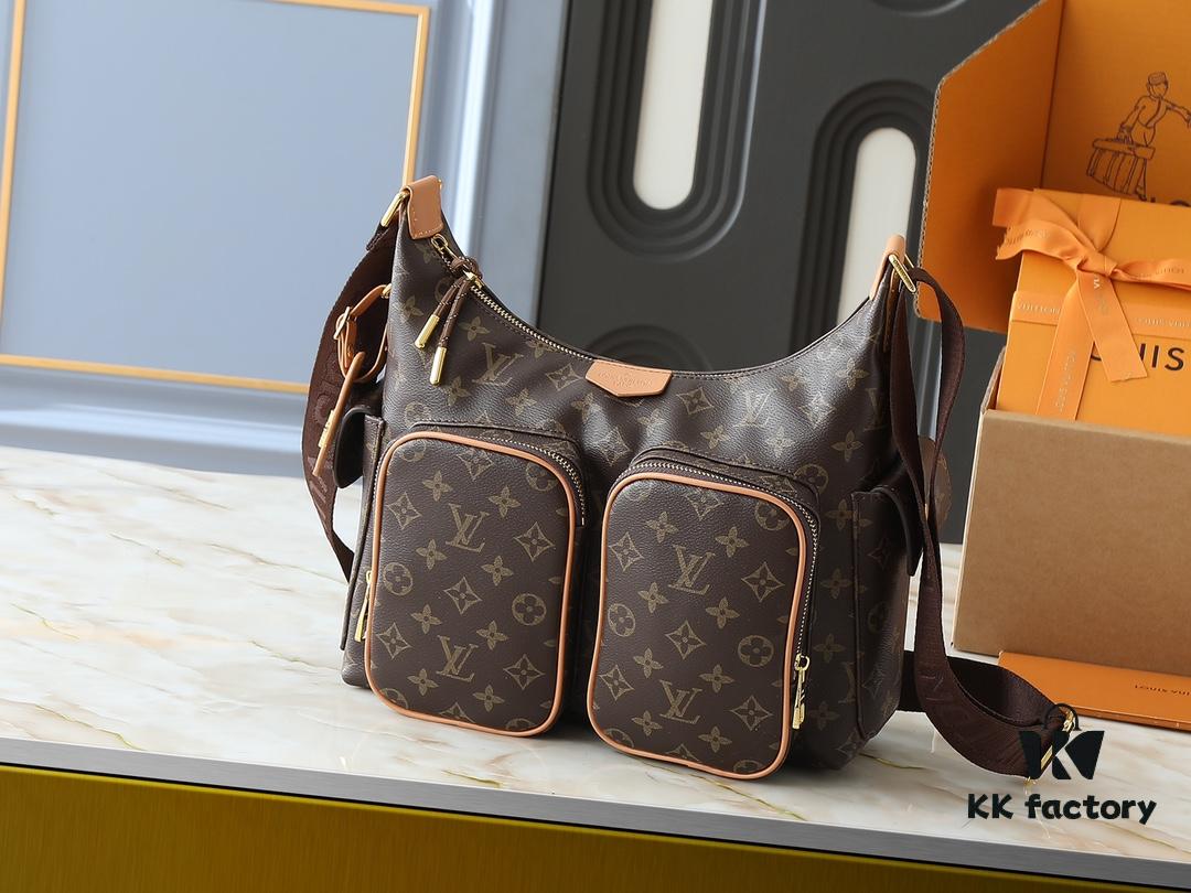 Upgraded Original M12697 Full Leather Khaki Monogram Bag with Floral Fabric, Classic Canvas with Wide Adjustable Strap