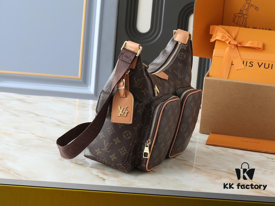 Upgraded Original M12697 Full Leather Khaki Monogram Bag with Floral Fabric, Classic Canvas with Wide Adjustable Strap