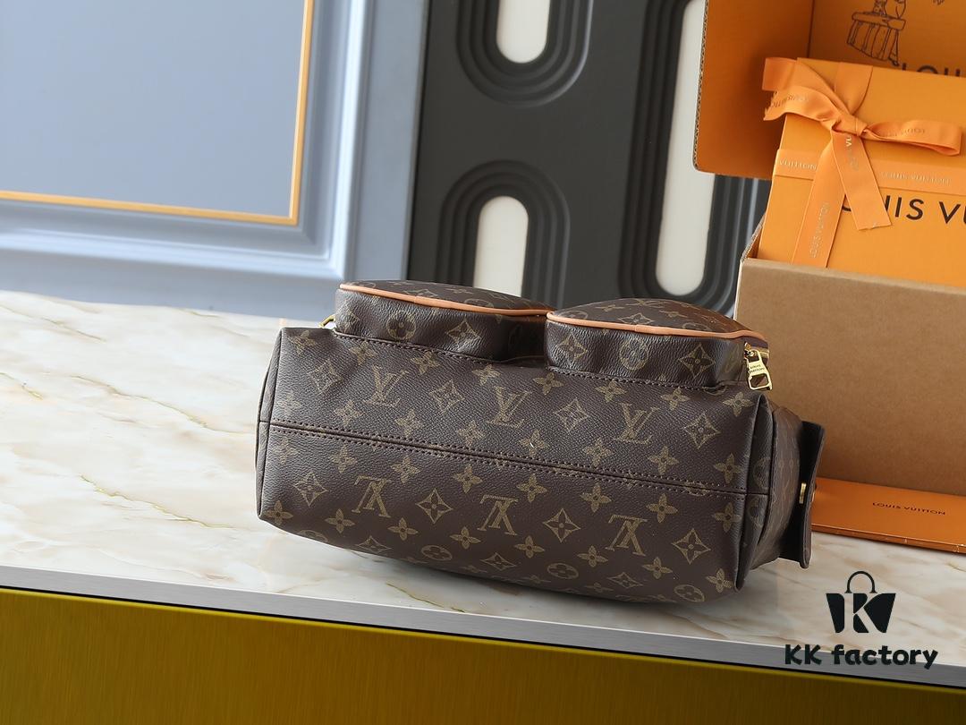 Upgraded Original M12697 Full Leather Khaki Monogram Bag with Floral Fabric, Classic Canvas with Wide Adjustable Strap