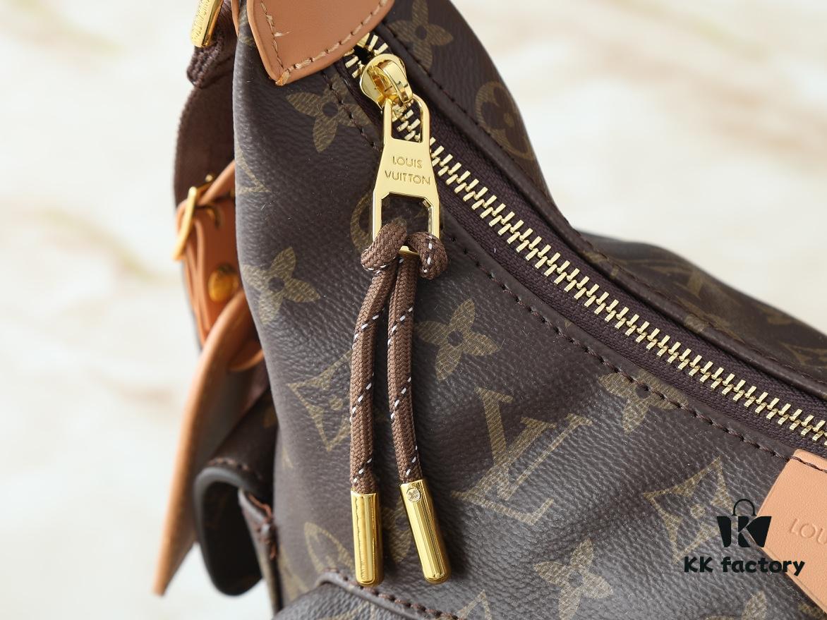 Upgraded Original M12697 Full Leather Khaki Monogram Bag with Floral Fabric, Classic Canvas with Wide Adjustable Strap