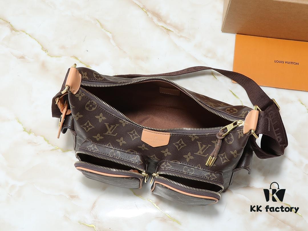 Upgraded Original M12697 Full Leather Khaki Monogram Bag with Floral Fabric, Classic Canvas with Wide Adjustable Strap