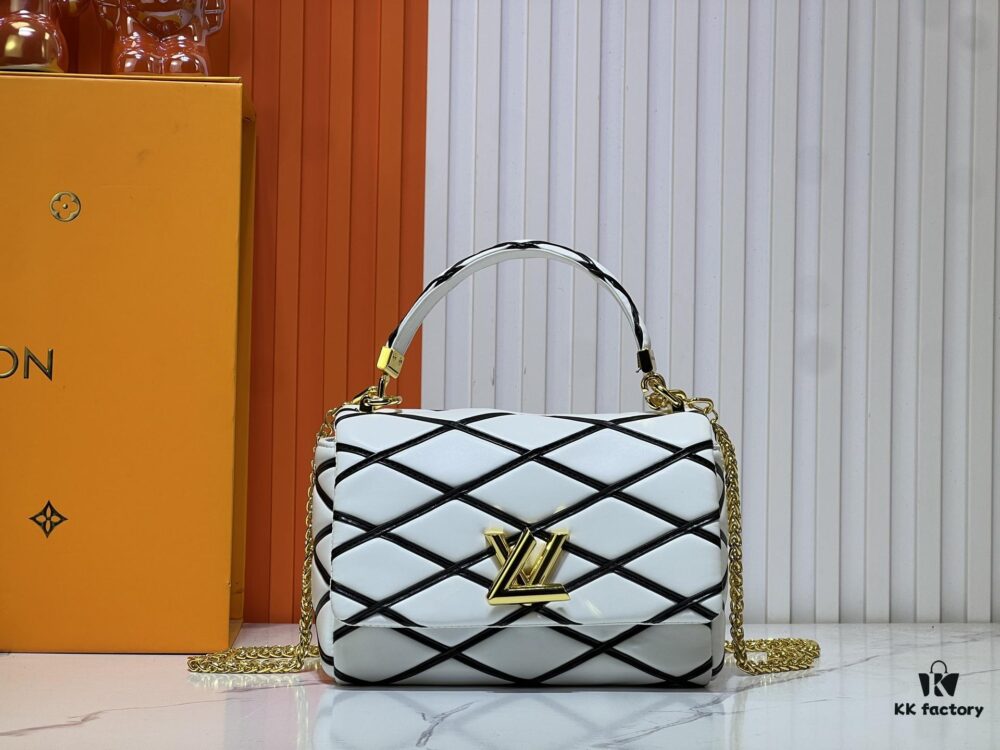 M23689 M22891 Nicolas Ghesquière infuses the GO-14 Medium Handbag with innovative craftsmanship, featuring quilted lambskin meticulously treated to achieve a baked finish, showcasing bold avant-garde style. The LV Twist lock highlights the brand's elegance, while the top handle and adjustable chain strap are both detachable, offering versatile carrying options. Dimensions: 23X16X10