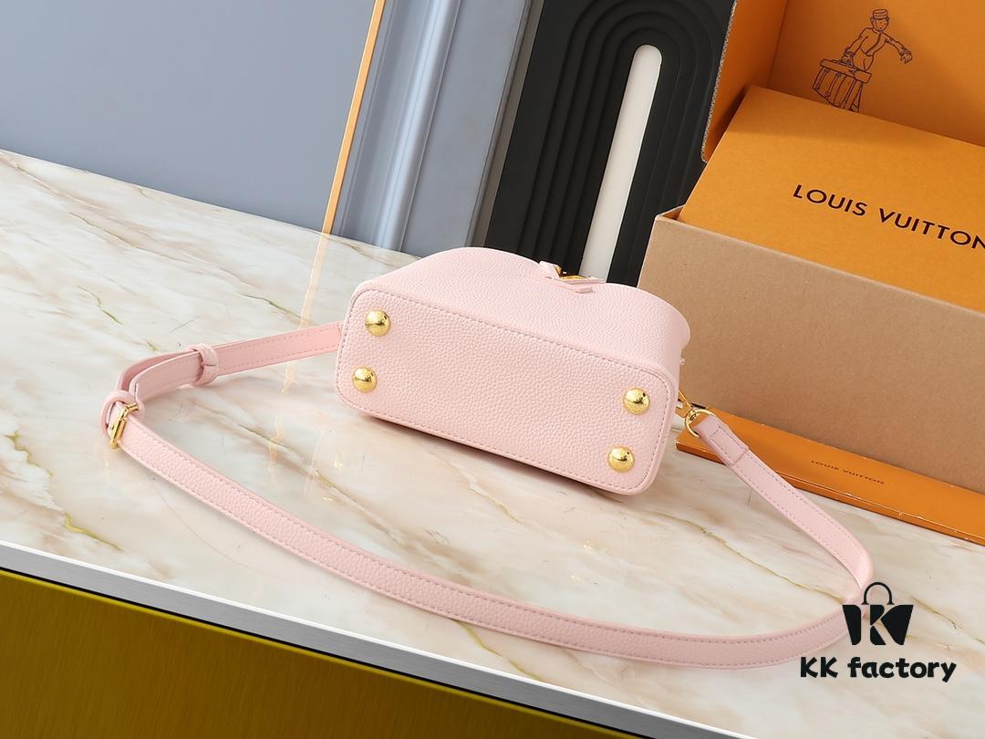 Upgraded Original M24728 M24736 M25087 M24655 M24656 M24733 M24729 M25090 M12785 M24727 M24745 This Mini Capucines Bag is crafted from refined Taurillon leather, accentuated by lustrous handle rings and the signature LV lettering that enhances its compact silhouette. The detachable shoulder strap allows for versatile styling as a shoulder or cross-body bag. Dimensions: 21.0 x 13.6 x 8.0 cm (L x H x W)