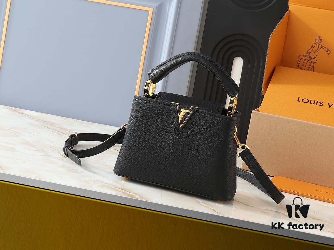 Upgraded Original M24728 M24736 M25087 M24655 M24656 M24733 M24729 M25090 M12785 M24727 M24745 This Mini Capucines Bag is crafted from refined Taurillon leather, accentuated by lustrous handle rings and the iconic LV lettering that highlights its compact silhouette. Featuring a detachable shoulder strap for versatile styling as a shoulder or crossbody bag. Dimensions: 21.0 x 13.6 x 8.0 cm (L x H x W)