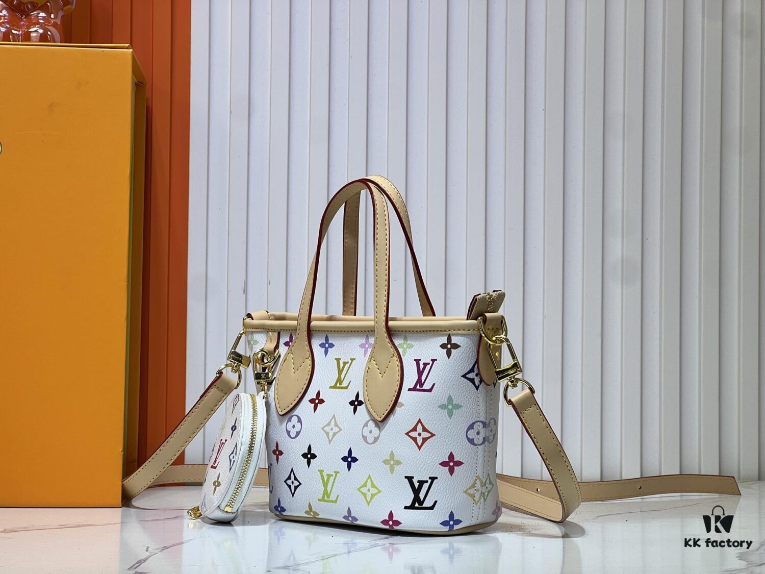 M46705 NEVERFULL BB Bag in White with Tricolor Design, Collaborated with Takashi Murakami