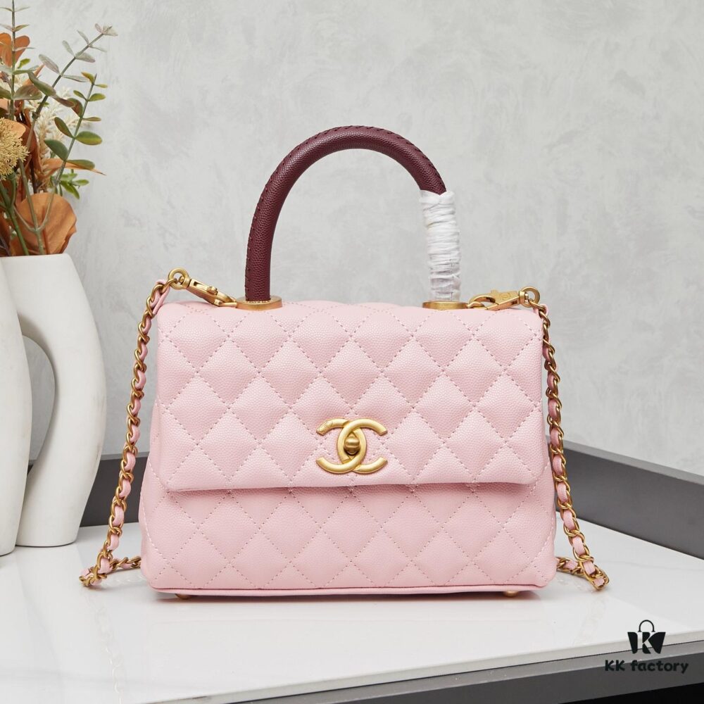 New Arrival with Box, Mini Chanel Coco Handle in Black Calfskin with Gold Hardware and Red Handle