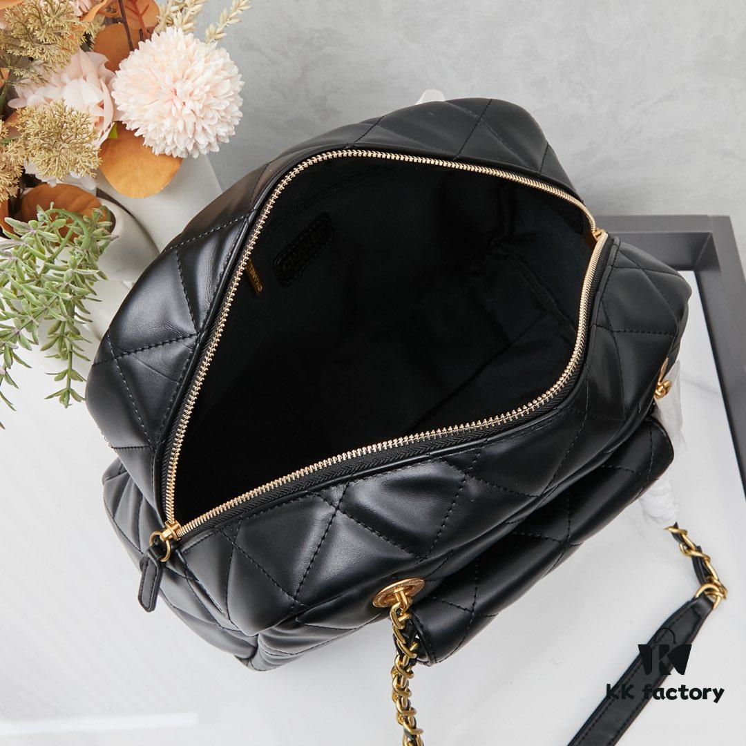 New Arrival Chanel 24A Bowling Bag in Black Crinkled Calfskin - Mini Size