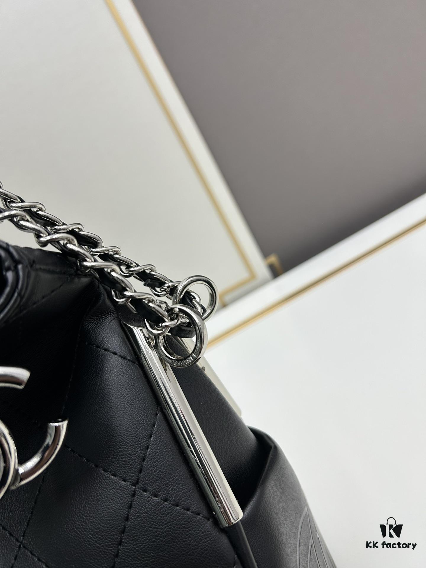 New Small Size Chanel Black Silver Exterior Stitching Hobo Bag ②size