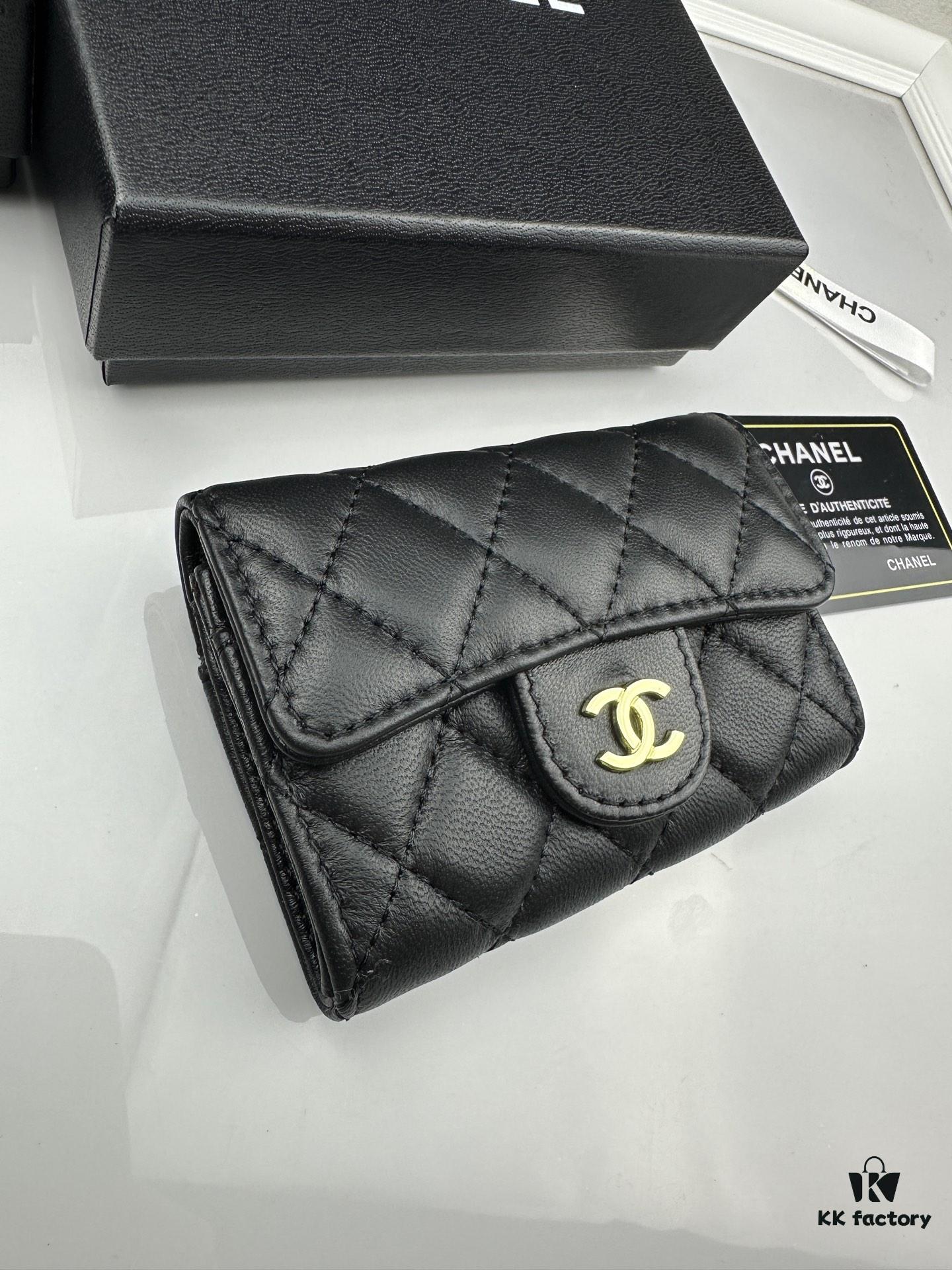 CHANEL Caviar Black / Gold 23K Classic Quilted Lambskin Wallet - New Arrival CF Mini Card Holder