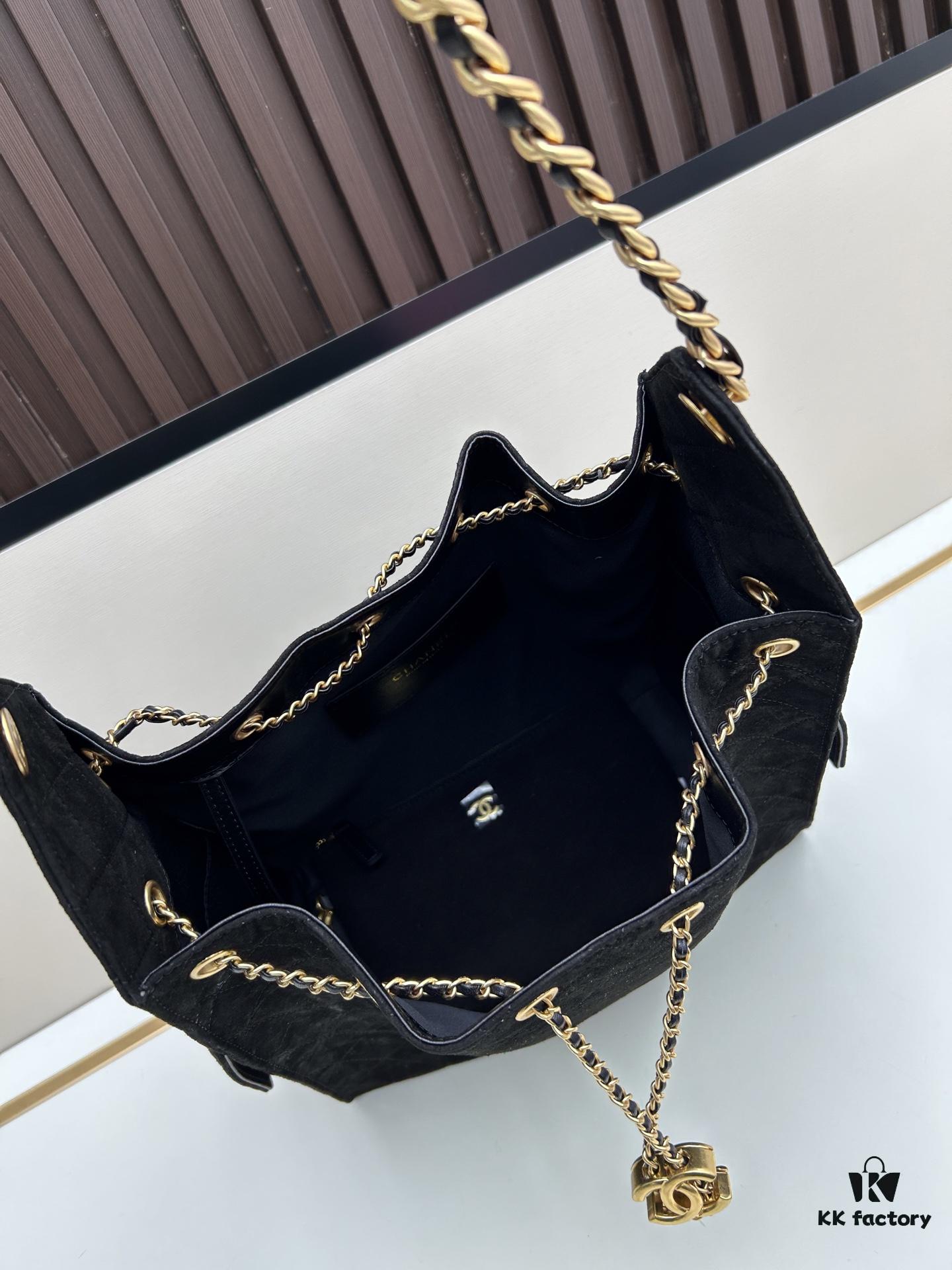 Large Vegan Leather Hobo Bag, Suede Finish, Upgraded Chanel 25C Style, Vintage Coin Button Drawstring Bucket Bag with Diamond Quilting, Retro Black-Gold Hardware, Classic Chain Design