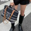 Large New Arrival CHANEL Navy Striped Denim Beach Tote Bag