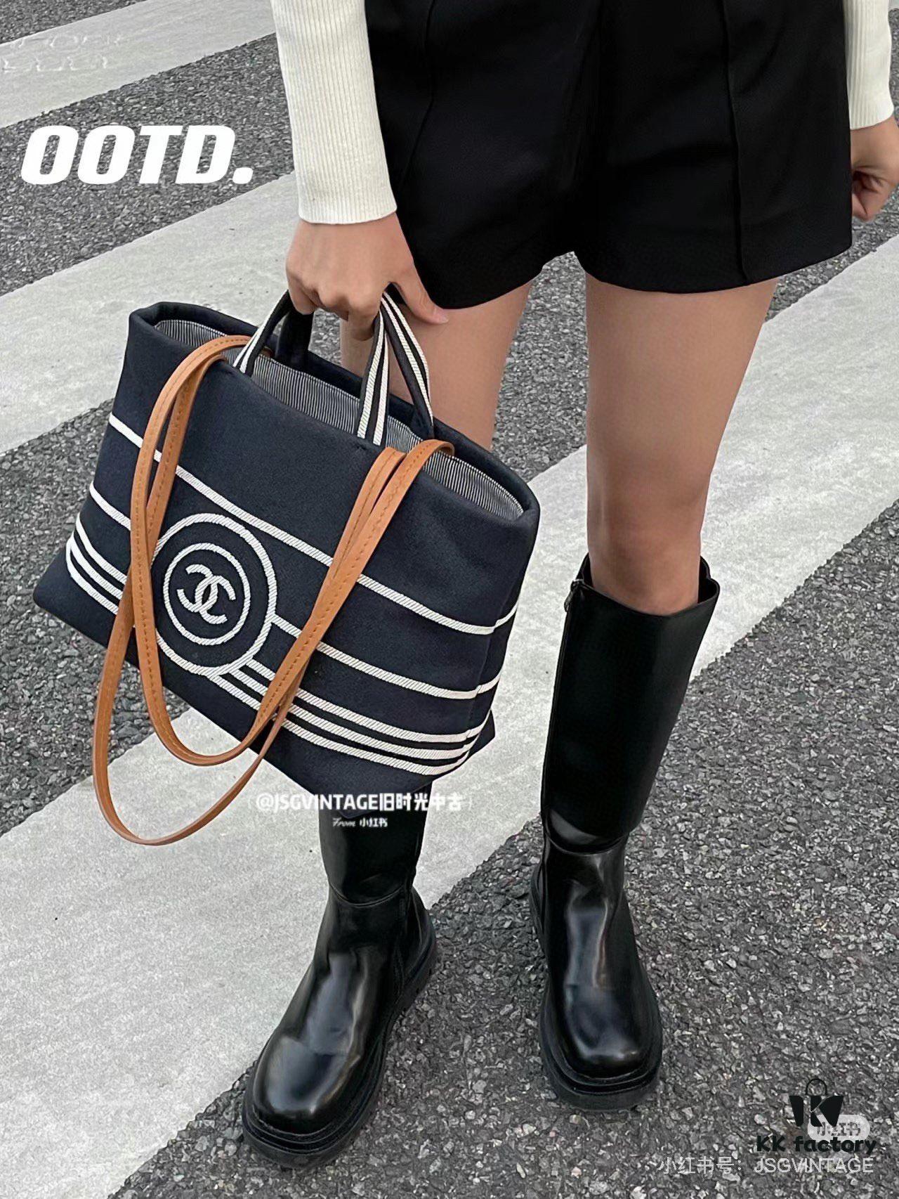 Large New Arrival CHANEL Navy Striped Denim Beach Tote Bag