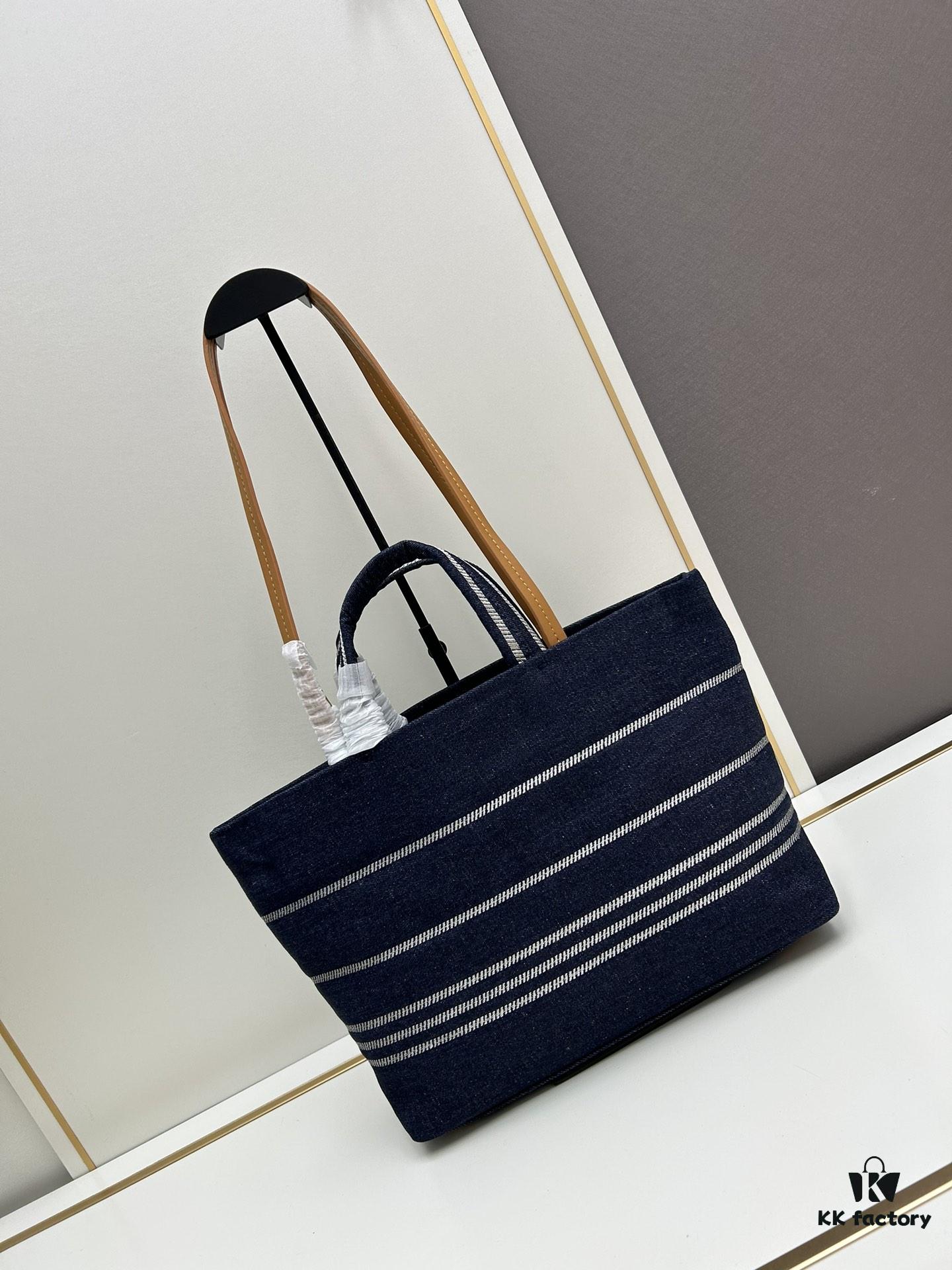 Small-sized New Arrival CHANEL Navy Blue Striped Denim Beach Tote Bag