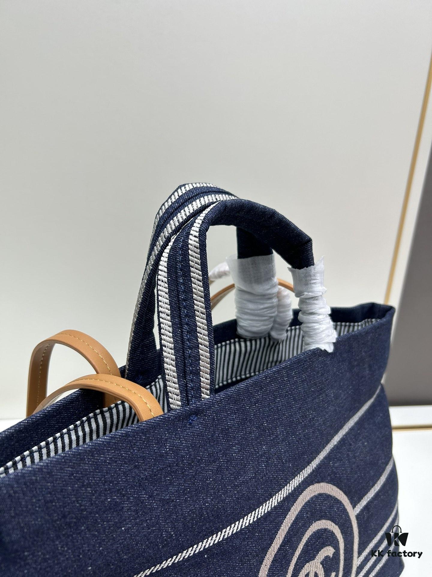 Small-sized New Arrival CHANEL Navy Blue Striped Denim Beach Tote Bag