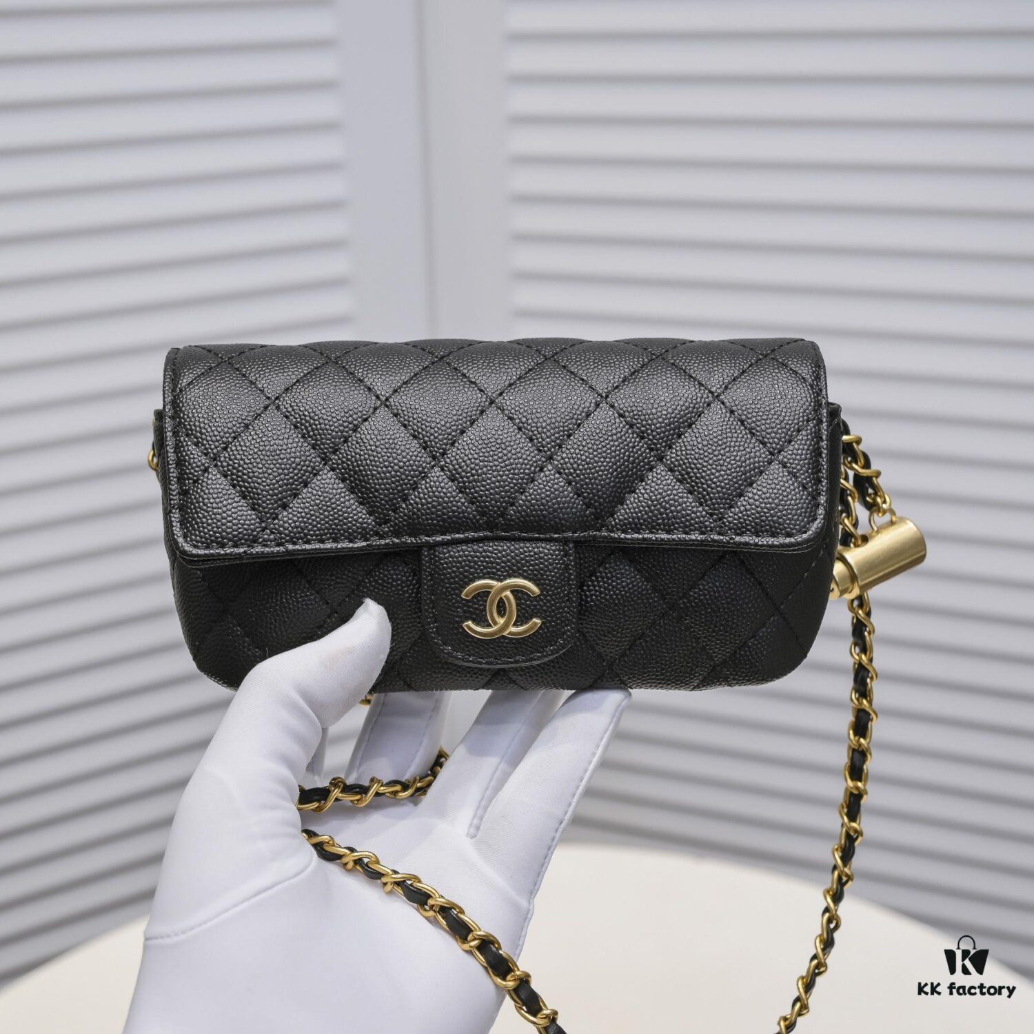 Cowhide Quilted Chanel Sunglasses Case with Ice Cream Side Design, Adjustable Strap, Light Gold Metal Trim