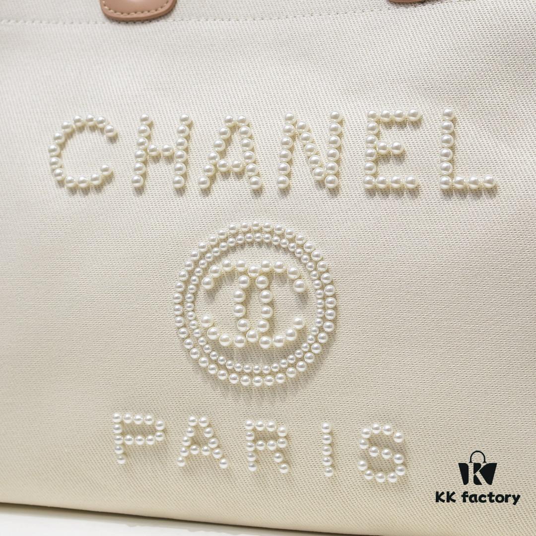 Chanel Tote Bag - Striped Canvas Beach Shopping Bag with Chain, Resort Style for Spring and Summer
