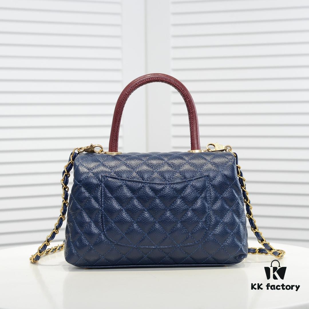 Deep Blue with Red Accents Chanel-Style Flap Bag - Unique Design, Dual Shoulder and Handheld Use