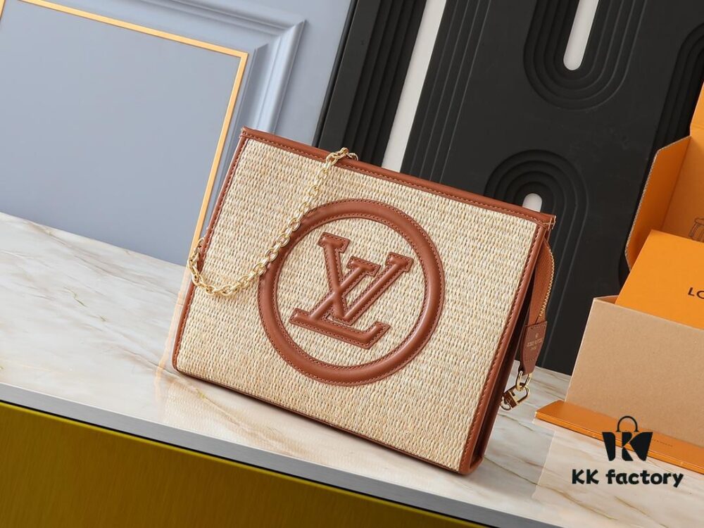 Upgraded Original M81366 Black and Caramel Chain Wash Bag Made from Natural Raffia with Black Leather Trim and Circle Logo